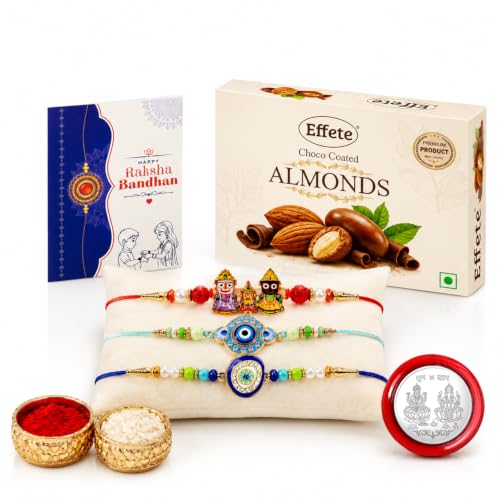 Lord Jagannath Rakhi Combo - Raksha Bandhan Gift with Choco Almonds 32gm, Pack of 7