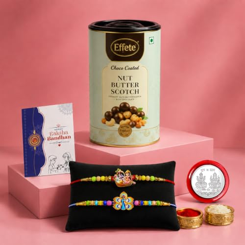 Radhe Krishna Rakhi Combo - Raksha Bandhan Gift with Choco Butterscotch 96gm, Pack of 6