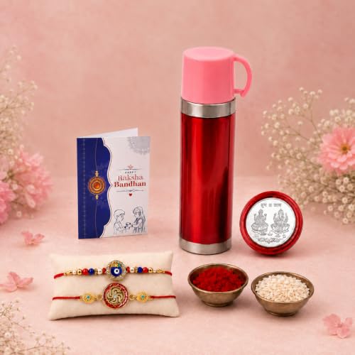Swastik, Evil Eye Rakhi Combo - Raksha Bandhan Gift with Travel Mug 500ml, Pack of 6