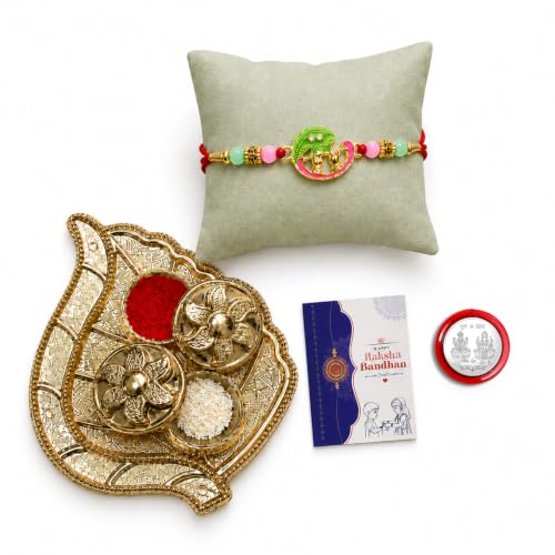 Krishna Bansuri Rakhi Combo - Raksha Bandhan Gift with Leaf Design Pooja Thali, Pack of 5