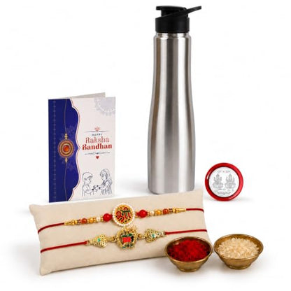 OM, Shree Rakhi Combo - Raksha Bandhan Gift with SS Water Bottle 1000ml, Pack of 6
