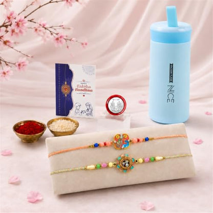 Peacock, Flower Rakhi Combo - Raksha Bandhan Gift with Kids Water Bottle 400ml, Pack of 6