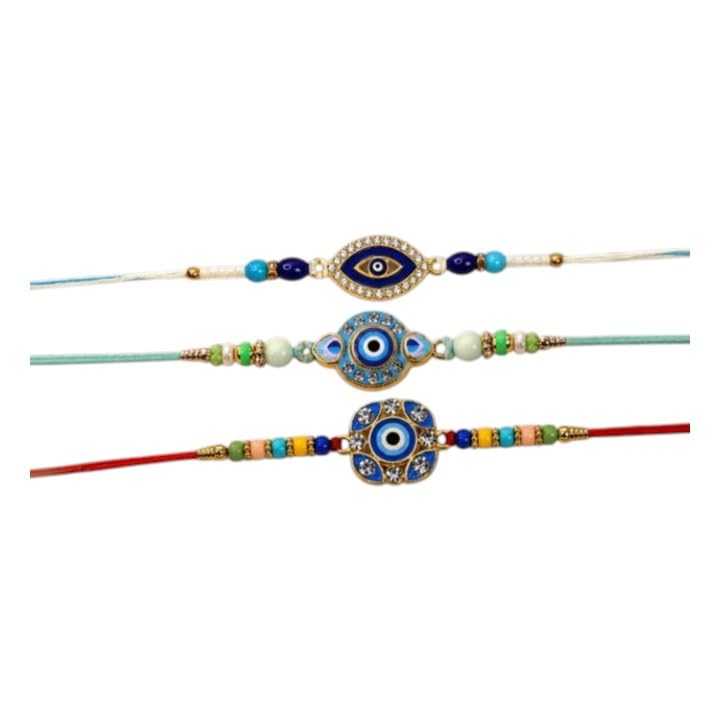 Designer Rakhi for Brother with Roli Chawal, Pooja Coin & Card | Pack of 3
