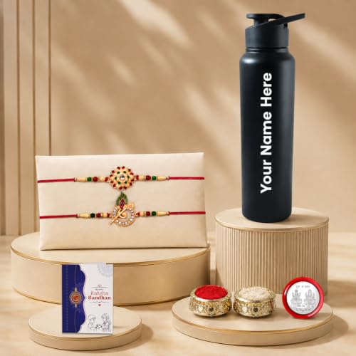 A black water bottle with "Your Name Here" text, two decorative bracelets, a card, and three small containers are displayed