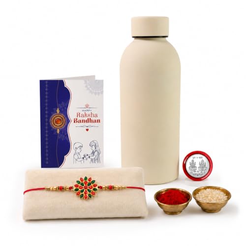 Flower Rakhi Combo - Raksha Bandhan Gift with SS Water Bottle 500ml, Pack of 5 for Bhaiya