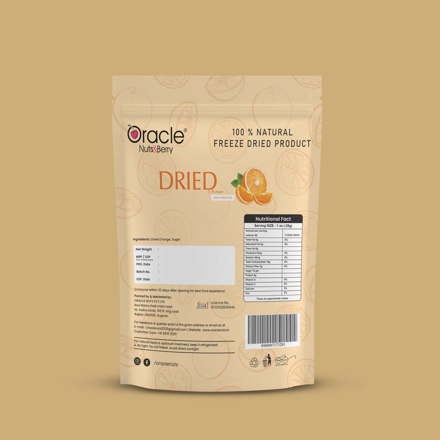 Oracle Dried Orange Dehydrated Fruit Snack 250gm Made from Fresh Oranges