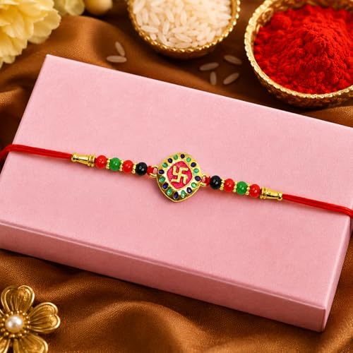 Swastika Rakhi Combo - Raksha Bandhan Gift with Decorated Pooja Thali, Pack of 5