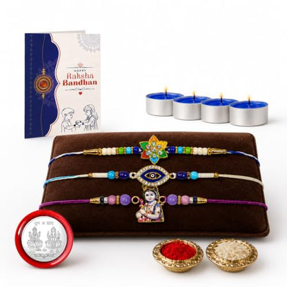 Flower, Evil Eye Rakhi Combo - Raksha Bandhan Gift with Tealight Candles 4pcs, Pack of 7