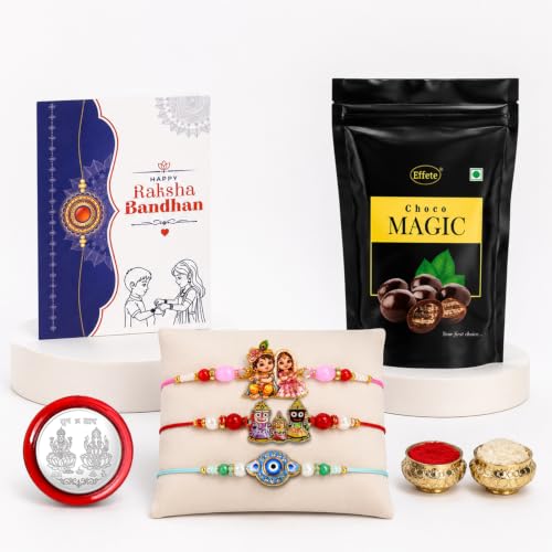 Krishna Radha Rakhi Combo - Raksha Bandhan Gift with Choco Magic Standy Pouch, Pack of 7