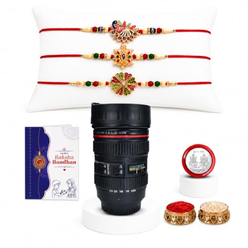 Rakhi for Brother with Camera Lens Coffee Mug - Rakshabandhan Gift Set, Pack of 7