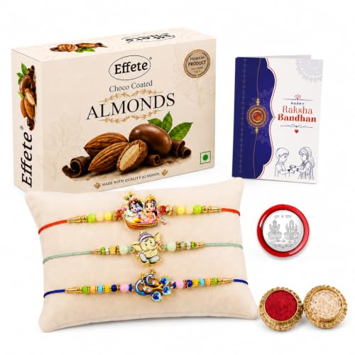 Radhe Krishna Rakhi Combo - Raksha Bandhan Gift with Choco Almonds 32gm, Pack of 7