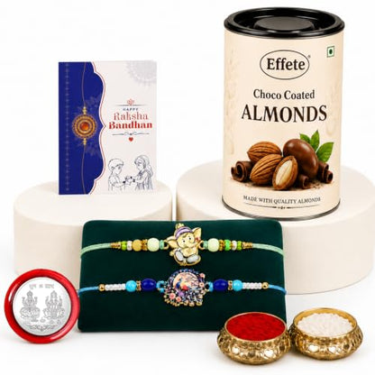 Ganesha, Peacock Rakhi Combo - Raksha Bandhan Gift with Choco Almonds 96gm, Pack of 6