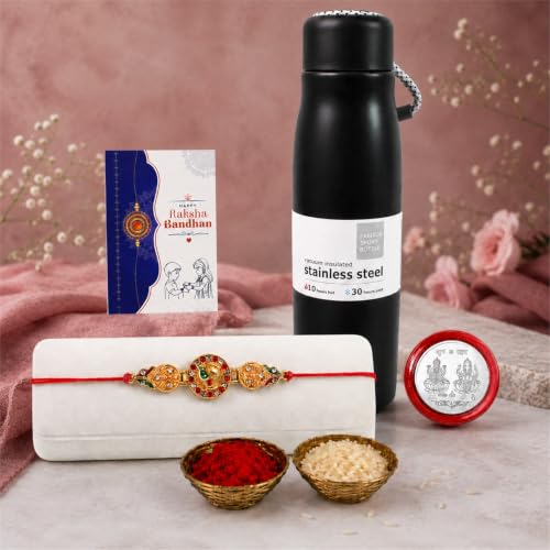Round Rakhi Combo - Raksha Bandhan Gift with Vacuum Water Bottle 550ml, Pack of 5
