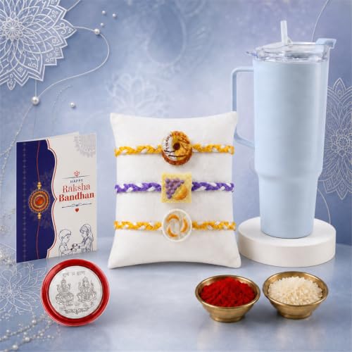 Unique Motif Rakhi Combo - Raksha Bandhan Gift with Travel Tumbler 1800ml, Pack of 7