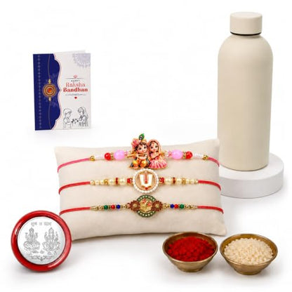 Krishna Radha, Floral Rakhi Combo - Raksha Bandhan Gift with SS Water Bottle 500ml