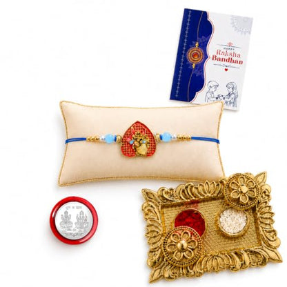Radha Krishna Rakhi Combo - Raksha Bandhan Gift with Rectangular Pooja Thali, Pack of 5
