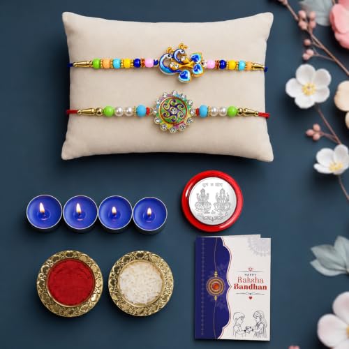 Peacock Rakhi Combo - Raksha Bandhan Gift with Tealight Candles 4pcs, Pack of 6 for Bhaiya