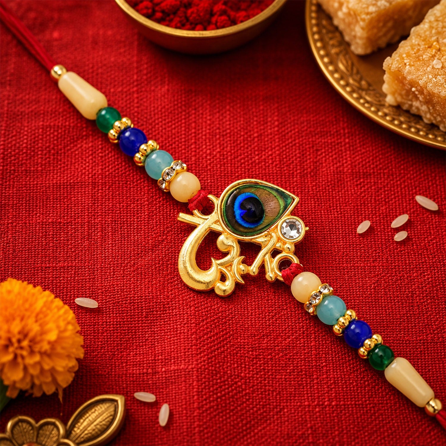 Elegant Peacock Rakhi featuring a divine Govind design with vibrant multicolor beads.