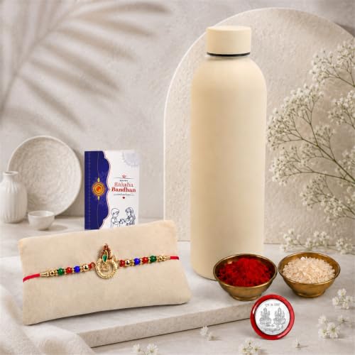 Feather Rakhi Combo - Raksha Bandhan Gift with SS Water Bottle 500ml, Pack of 5 for Bhaiya