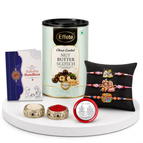 Krishna Radha Rakhi Combo - Raksha Bandhan Gift with Choco Butterscotch 96gm, Pack of 7