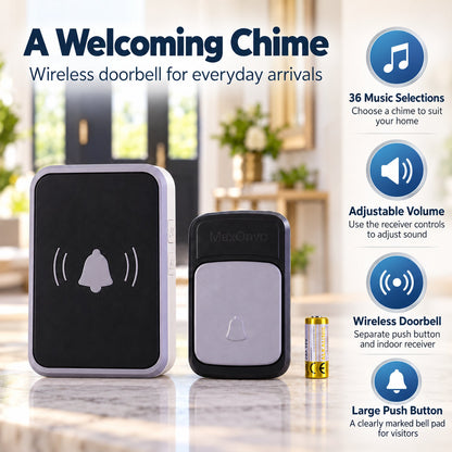Wireless Doorbell with Push Button, 36 Melodies & Adjustable Volume (1 Set)
