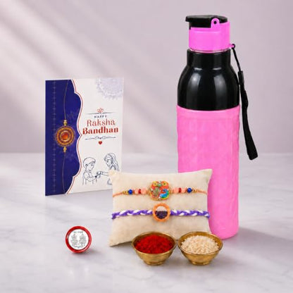 Beaded, Peacock Rakhi Combo - Raksha Bandhan Gift with Diamond Water Bottle 1000ml