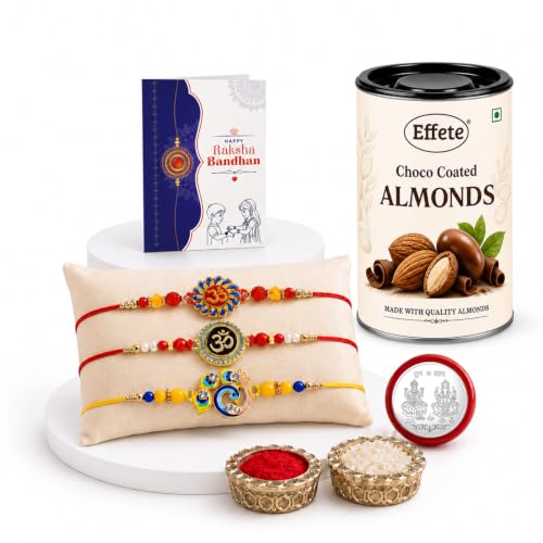 Om, Bird, Om Rakhi Combo - Raksha Bandhan Gift with Choco Almonds 96gm, Pack of 7