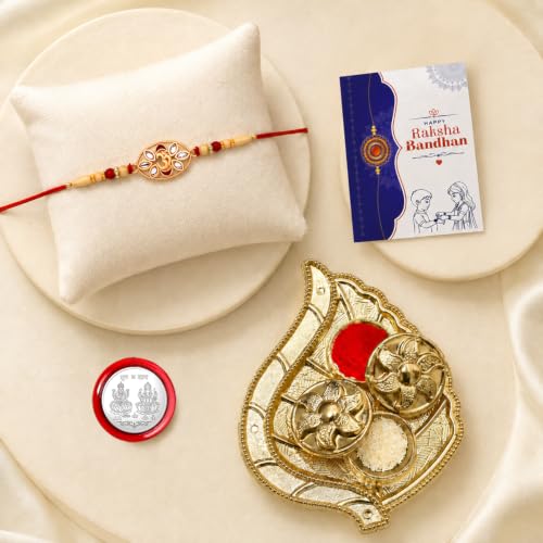 OM Rakhi Combo - Raksha Bandhan Gift with Leaf Design Pooja Thali, Pack of 5 | Rakhi Gift