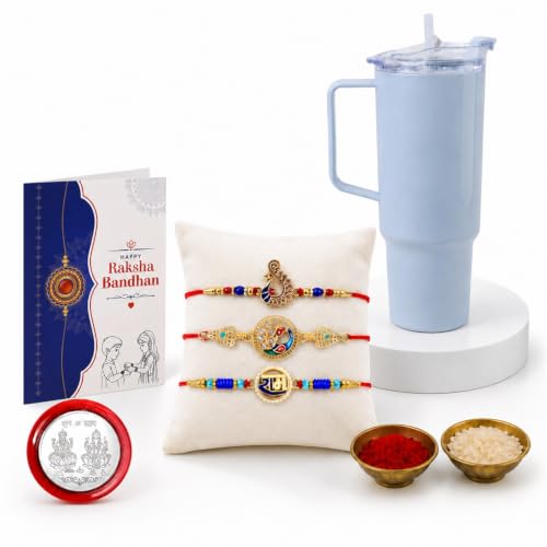 Peacock, Ram Rakhi Combo - Raksha Bandhan Gift with Travel Tumbler 1800ml, Pack of 7