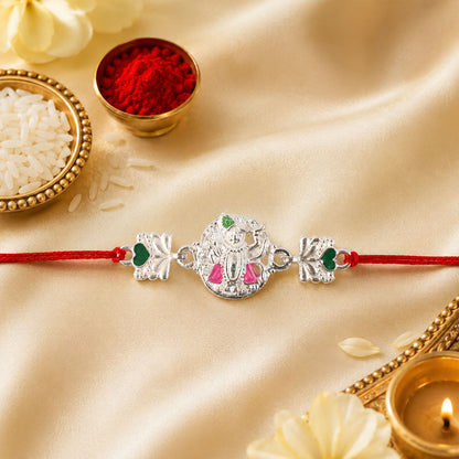 Silver Shrinathji Rakhi with Pink Green Stones and Elephant Charms