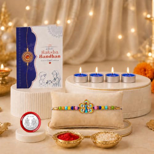 Peacock Rakhi Combo - Raksha Bandhan Gift with Tealight Candles 4pcs, Pack of 5 for Bhaiya