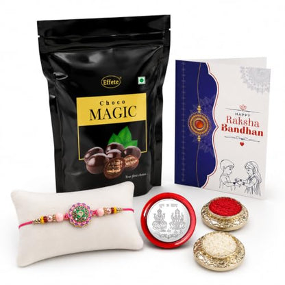 Round Floral Rakhi Combo - Raksha Bandhan Gift with Choco Magic Standy Pouch, Pack of 5
