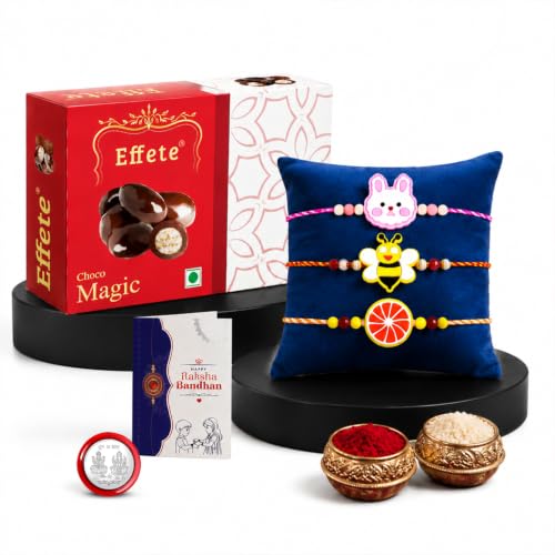 A red and white chocolate box is positioned behind a blue cushion showcasing three kids' bracelets with a bunny, bee, and
