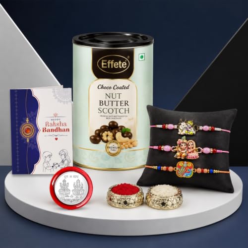 Krishna Radha Rakhi Combo - Raksha Bandhan Gift with Choco Butterscotch 96gm, Pack of 7
