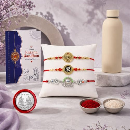 Om, Kanha Rakhi Combo - Raksha Bandhan Gift with SS Water Bottle 500ml, Pack of 7