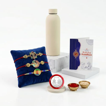 Om, Divine Rakhi Combo - Raksha Bandhan Gift with SS Water Bottle 500ml, Pack of 7