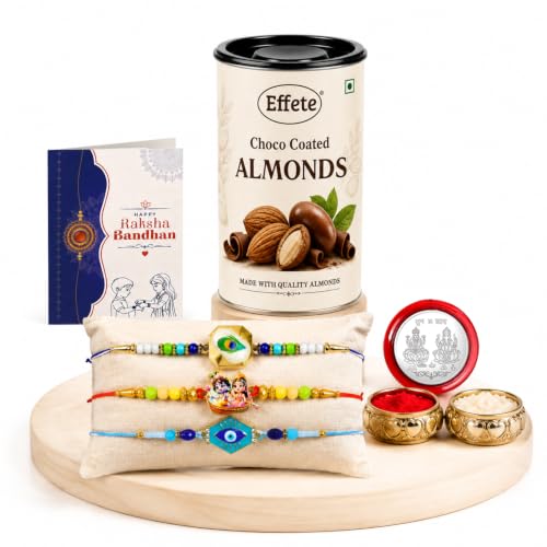 Radhe Krishna Rakhi Combo - Raksha Bandhan Gift with Choco Almonds 96gm, Pack of 7