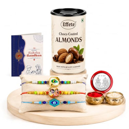 Radhe Krishna Rakhi Combo - Raksha Bandhan Gift with Choco Almonds 96gm, Pack of 7