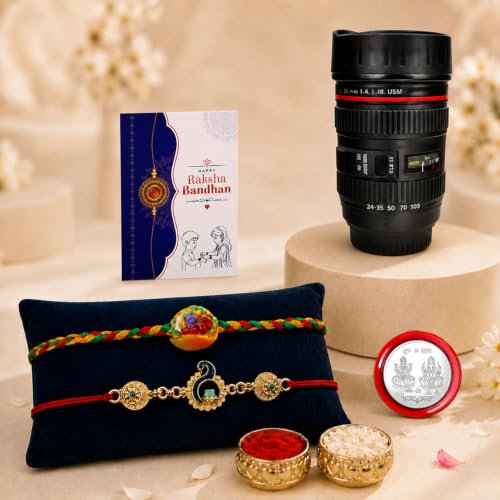 Sweet, Peacock Rakhi Combo - Raksha Bandhan Gift with Camera Lens Coffee Mug, Pack of 6