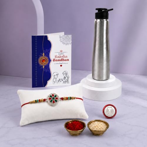 Round Rakhi Combo - Raksha Bandhan Gift with SS Water Bottle 1000ml, Pack of 5 for Bhaiya