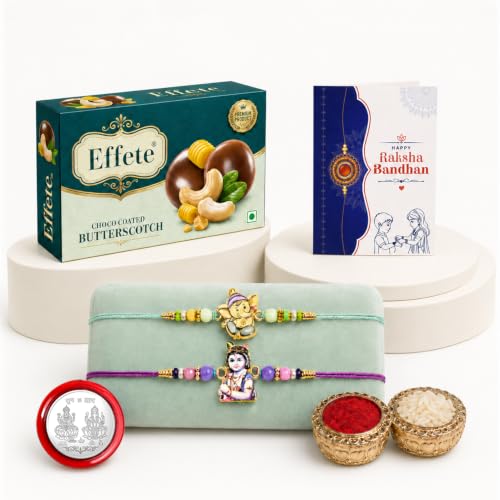 Ganesha, Krishna Rakhi Combo - Raksha Bandhan Gift with Choco Butterscotch 32gm, Pack of 6