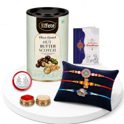 Ganesha, Peacock Rakhi Combo - Raksha Bandhan Gift with Choco Butterscotch 96gm, Pack of 7