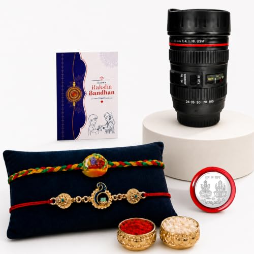 Sweet, Peacock Rakhi Combo - Raksha Bandhan Gift with Camera Lens Coffee Mug, Pack of 6