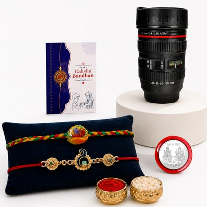 Sweet, Peacock Rakhi Combo - Raksha Bandhan Gift with Camera Lens Coffee Mug, Pack of 6