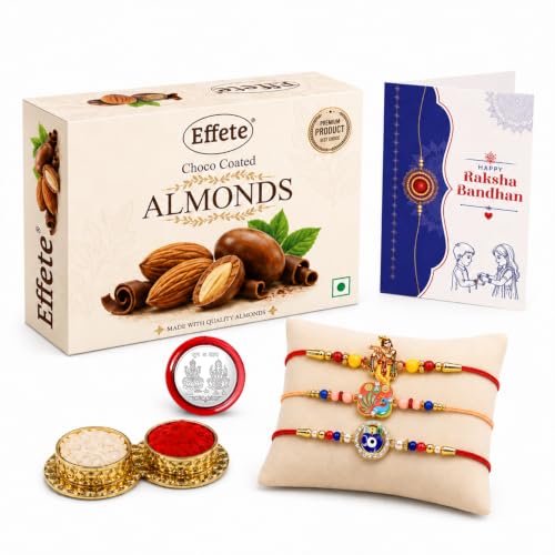 Krishna, Peacock Rakhi Combo - Raksha Bandhan Gift with Choco Almonds 32gm, Pack of 7