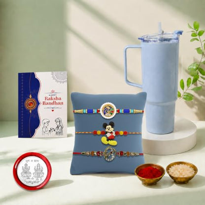 Peacock, OM, Mickey Mouse Rakhi Combo - Raksha Bandhan Gift with Travel Tumbler 1800ml