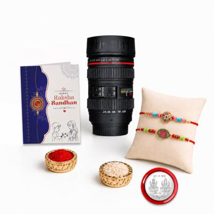 Flower, Om Rakhi Combo - Raksha Bandhan Gift with Camera Lens Coffee Mug, Pack of 6