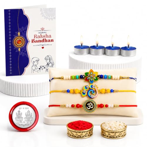 Flower, Bird, Om Rakhi Combo - Raksha Bandhan Gift with Tealight Candles 4pcs, Pack of 7