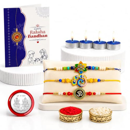 Flower, Bird, Om Rakhi Combo - Raksha Bandhan Gift with Tealight Candles 4pcs, Pack of 7