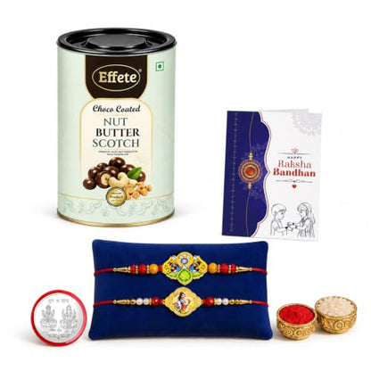 Krishna, Trishul Rakhi Combo - Raksha Bandhan Gift with Choco Butterscotch 96gm, Pack of 6